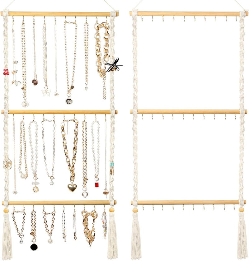 UREYMX Hanging Jewelry Organizer Macrame Necklace Holder, with 30 Hooks, Over Door Necklace Rack, Wall Mounted Jewelry Hanger with Tassel Boho for Necklace Headband Bow Earring Bracelet - Image 1